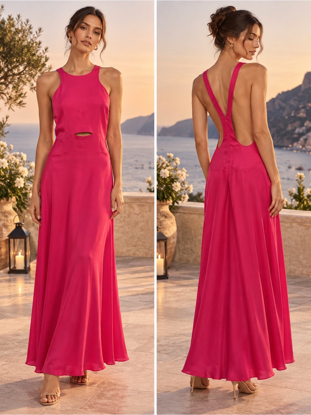 Reiss Hot Pink Backless Maxi Dress with Front Cutout